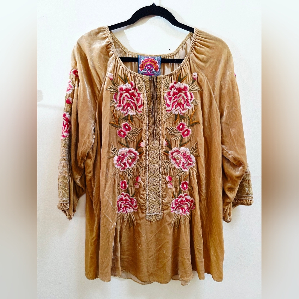 Johnny Was Tan and Pink Embroidered Top
